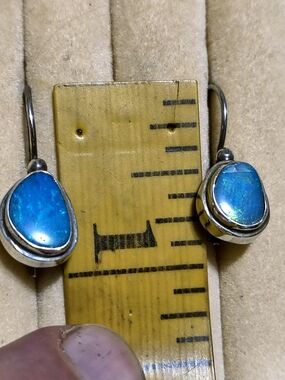 Vntg Sterling Silver And NATURAL Blue Australian Opal Drop Earrings Stamped 925